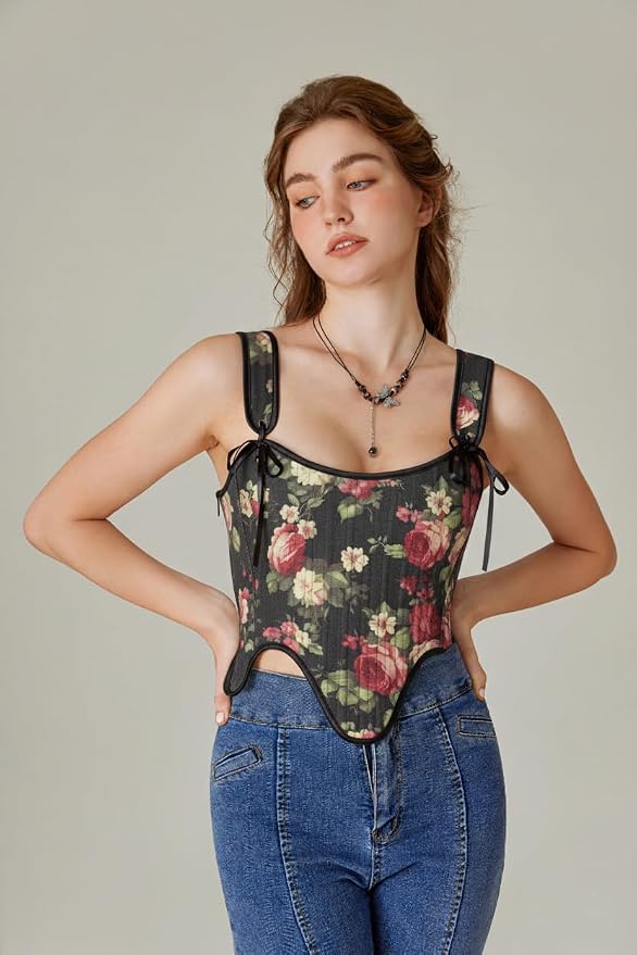 SCARLET DARKNESS Bustier Tops for Women Renaissance Floral Lace Up Bodyshaper - Image 3