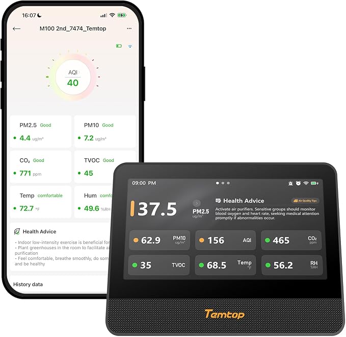Temtop WiFi Air Quality Monitor M100 2nd Gen, 7 Inch Touchscreen CO2 Detector & by Temtop