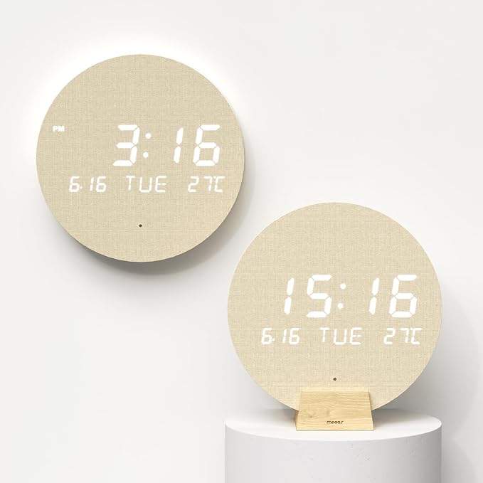 mooas Wood Moon Cordless Mini Digital LED Wall Clock, Temperature, Auto by mooas