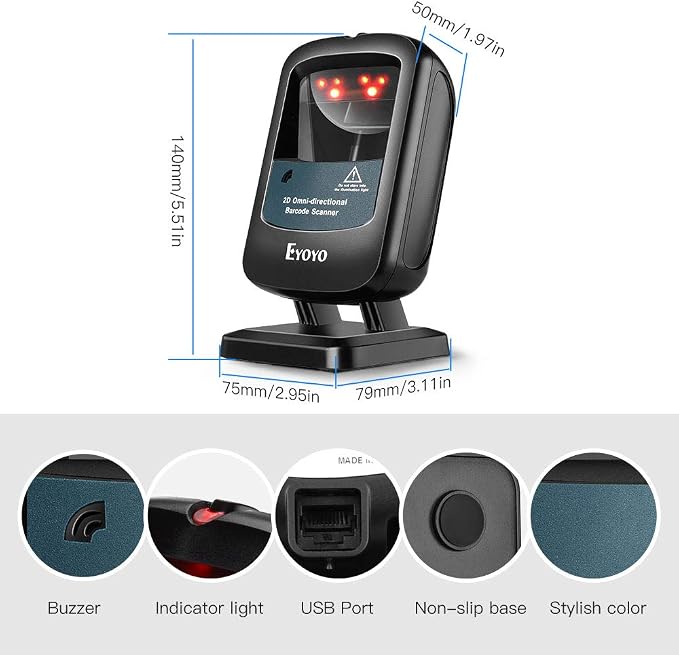 Eyoyo 2D Hands-Free Barcode Scanner, Omnidirectional USB Wired Desktop Barcode - Image 8