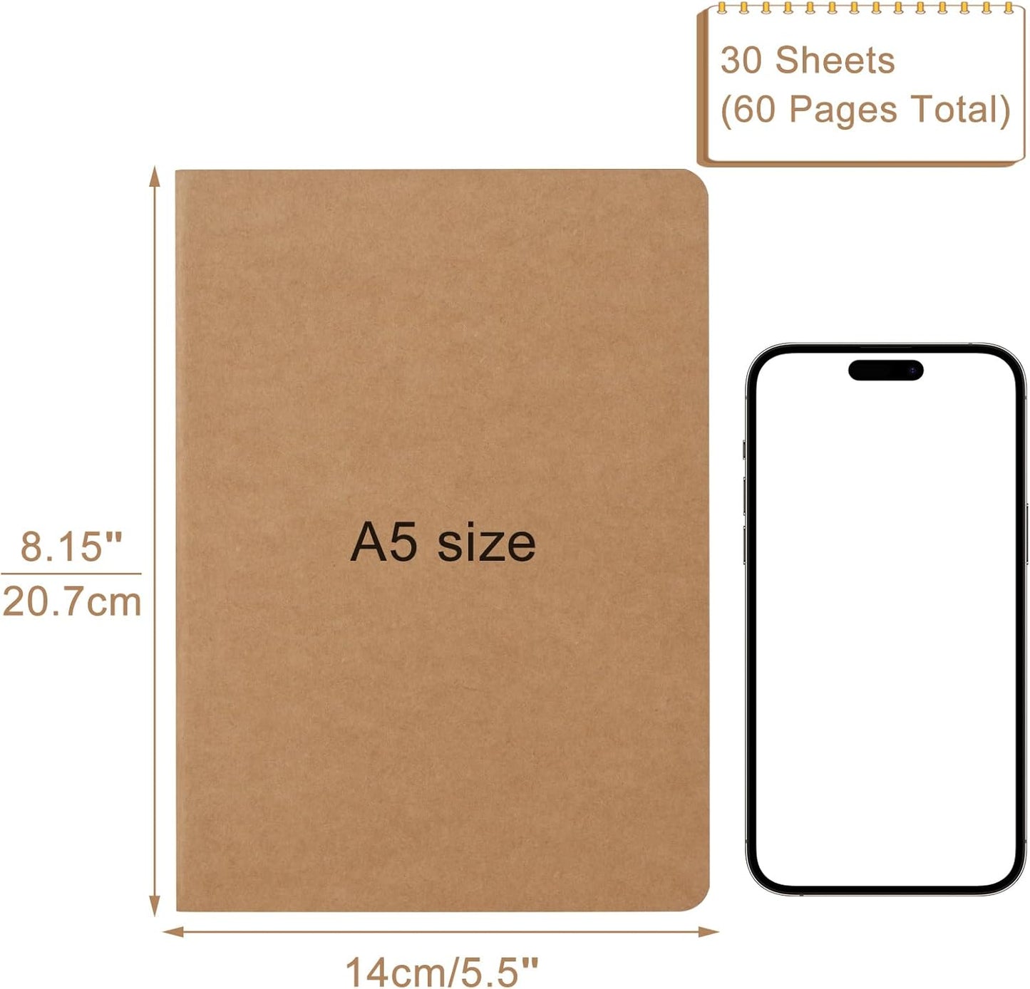 ZCZN 8 Pack A5 Kraft Notebooks Bulk, 8.15x5.5 Inches Lined Paper Journaling Notebooks, Notebooks for Work, Composition Notebooks for School, Journal Notebooks for Office, 60 Pages