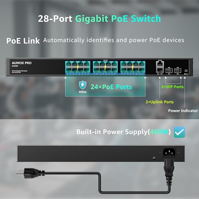 24 Port Gigabit PoE Switch, AUMOX PRO 28 Port PoE - Image 3