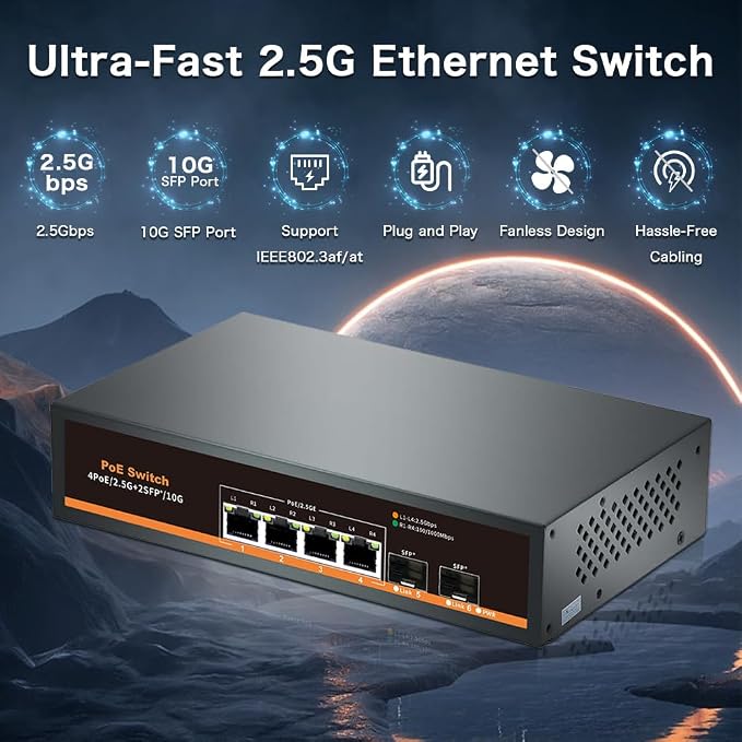 2.5G Unmanaged PoE Switch with 4 x 2.5G Base-T Ports and 2 x 10G SFP Uplink Port - Image 3