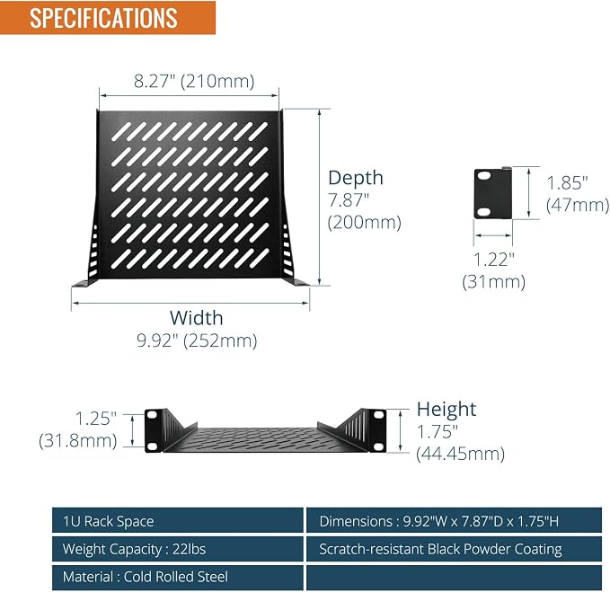 Tecmojo 1U Rack Mount Shelf for 10" Server Rack, 7.87" Deep Vented Cantilever - Image 4