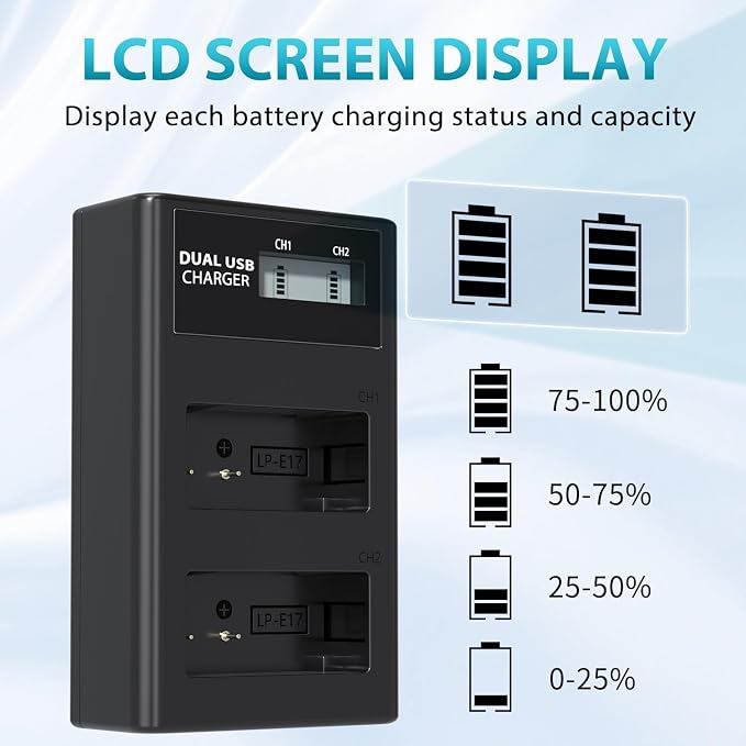 LP LP-E17 Battery Charger, LCD Display & USB-C Dual Slot Charger Compatible - Image 4