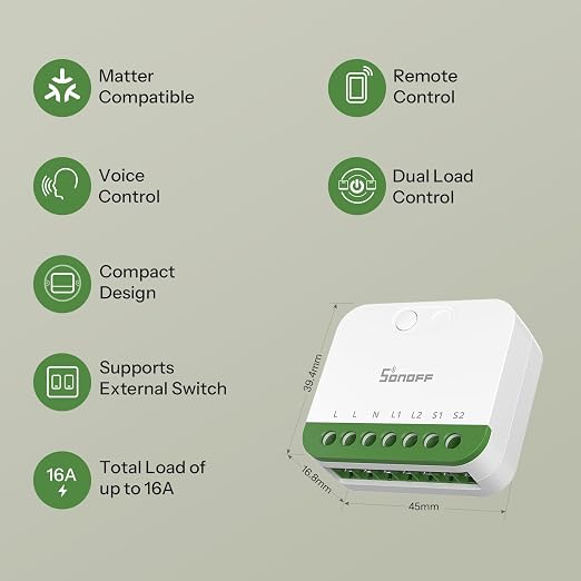 SONOFF MINI Duo, Matter Over WiFi, 2-Chanel WiFi Smart Switch, 16A Total Load - Image 3