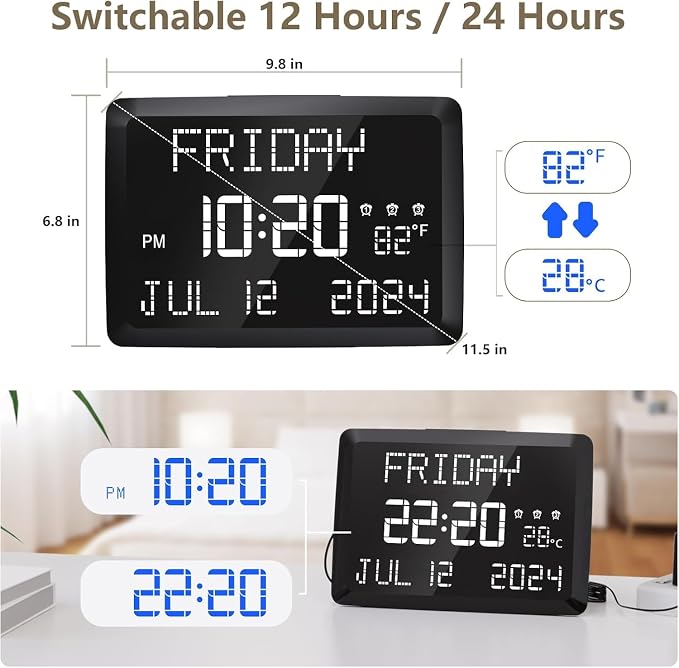 Raynic Digital Clock, 11.5" Large Display Calendar Clock - Image 2