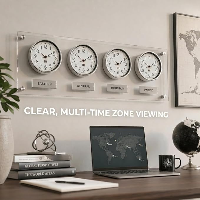 BBHORAIRE Silver Time Zone Wall Clock, Silent Quartz Analog World Clock - Image 4