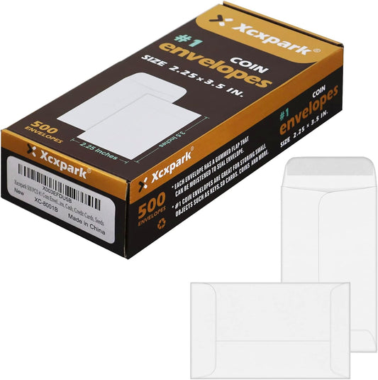 500 PCS #1 Coin Envelopes, 2-1/4'' x 3-1/2'' inches White Kraft Envelopes Classic Small Parts Envelopes with Self Adhesive Gummed Flap for Coins, Cash, Credit Cards, Seeds