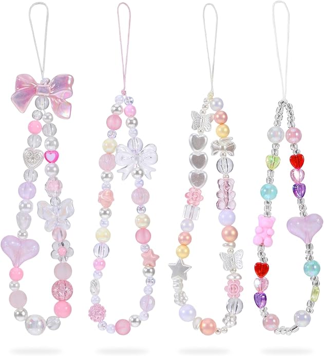 Pink Beaded Phone Wrist Straps, Y2K Phone Case Charms Camera Charm Strap by Unknown