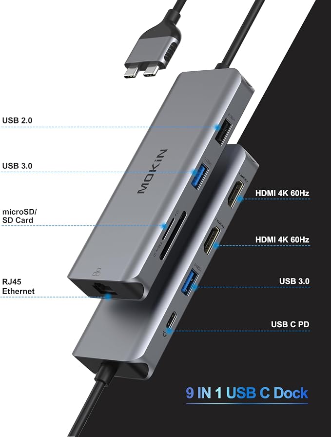 MacBook Pro Docking Station Dual Monitor MacBook Pro HDMI Adapter, 9 in 1 USB C - Image 2