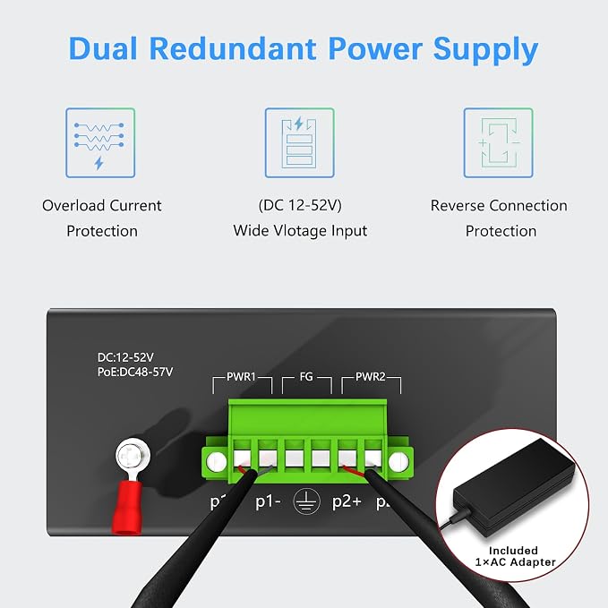 8-Port Industrial Gigabit PoE Switch, 96W PoE Budget 48-57V Output, 2 x SFP - Image 4