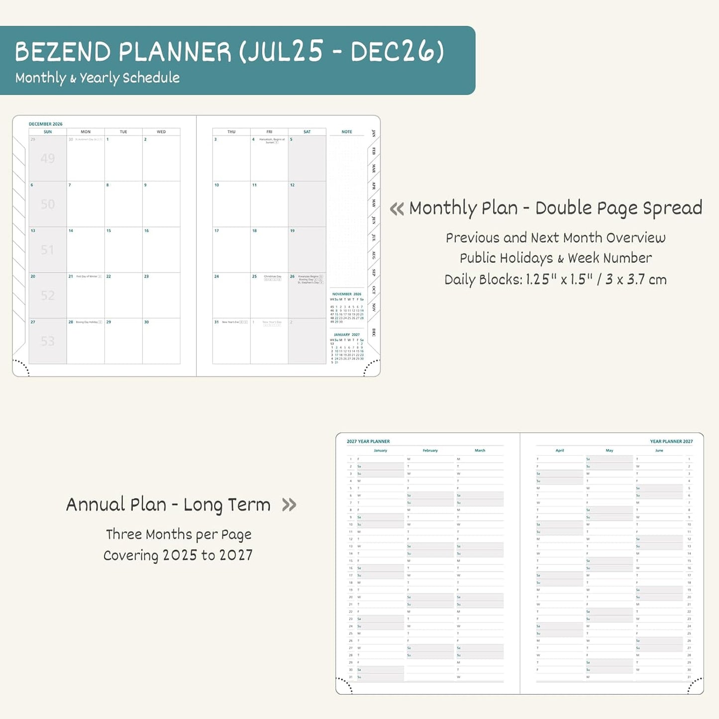 BEZEND Planner 2025-2026 Weekly and Monthly, 5.8" x 8.5" Academic Calendar (Jul 25-Dec 26) Vertical Daily Appointment with Hourly Timeslot & Monthly Tab, PU Leather Hardcover - Red
