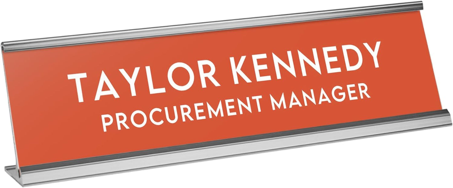 Custom Engraved Desk Plate | Personalized with your Name and Title | Perfect Decor for Office, Business, or Home | Multiple Font and Color Options | 2x8" or 2x10" (Orange w/White Letters, 2x10")