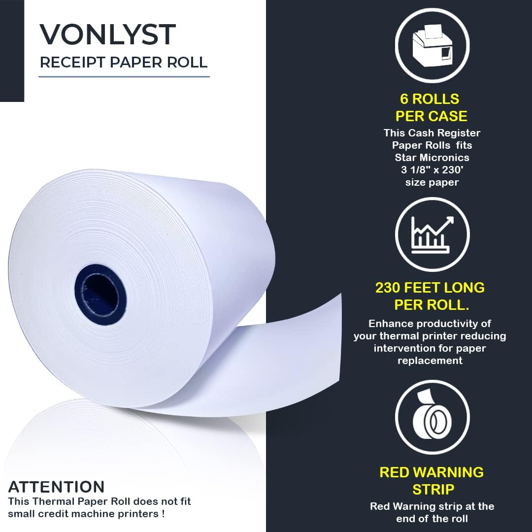 Receipt Paper Roll 3 1/8 x 230 for Square Register and Square POS System connected to Star Micronics Thermal Printer (Pack 06 rolls)
