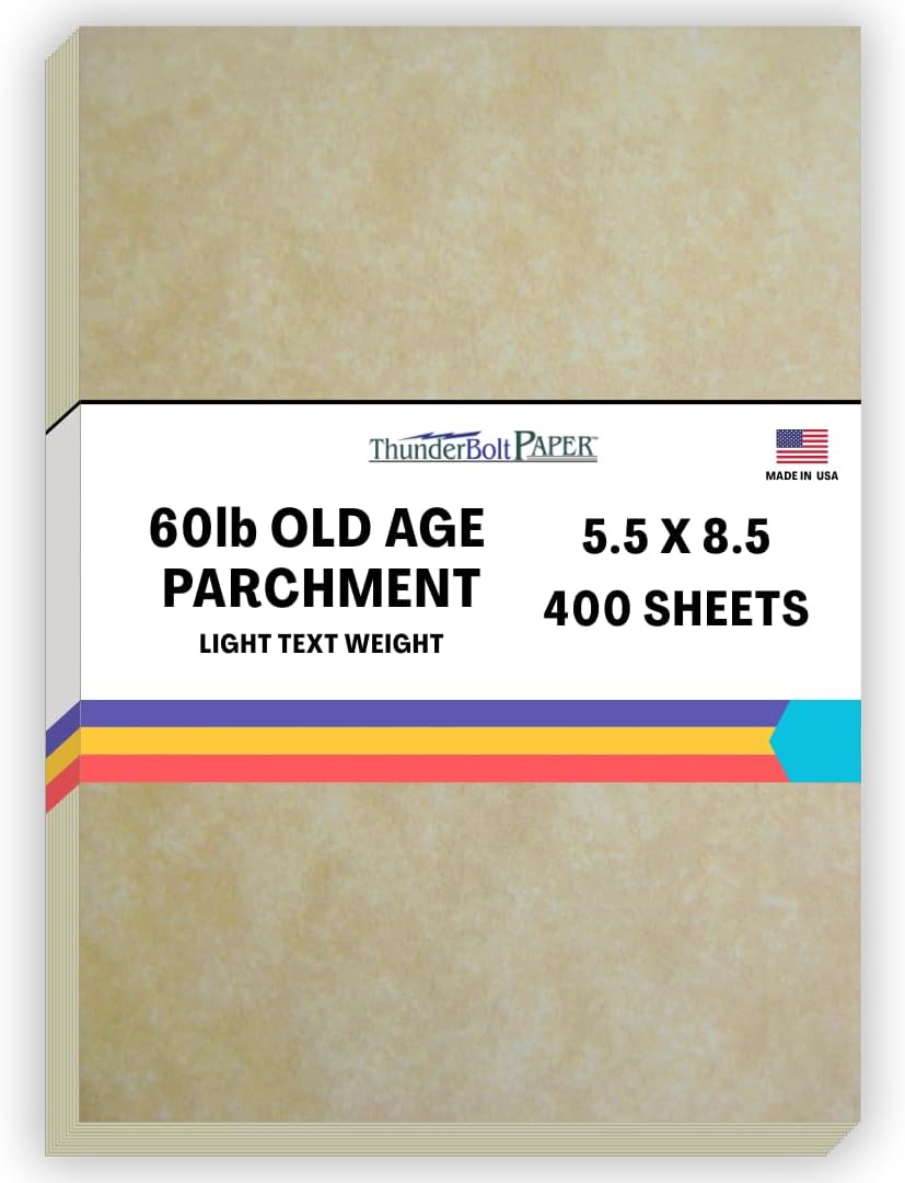 400 Old Age Parchment 60# Text (=24# Bond) Paper Sheets - 5.5 X 8.5 Inches Half Letter | Flyer Size - 60 Pound is Not Card Weight - Vintage Colored Old Parchment Semblance