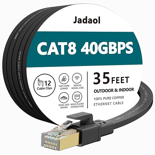 Jadaol Cat 8 Ethernet Cable 35 ft, 40Gbps 2000MHz Flat RJ45 S/FTP LAN Patch by Jadaol