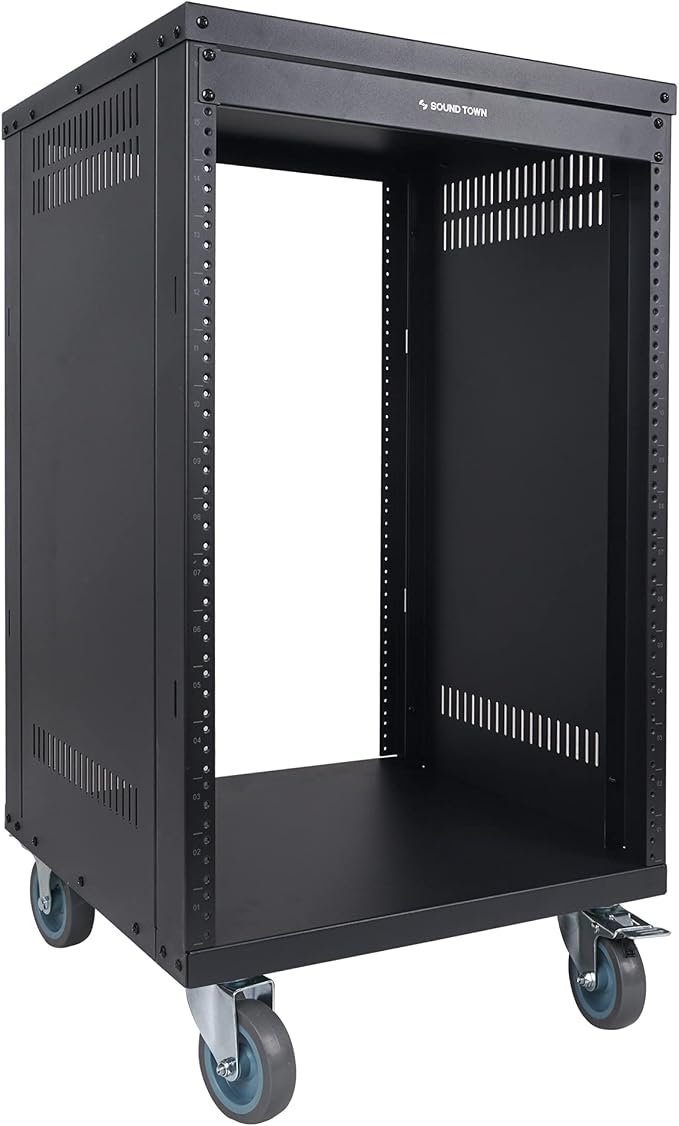 Sound Town 16U Universal Steel Rack, w/Mesh Doors, Locking Casters, Vented Side - Image 2