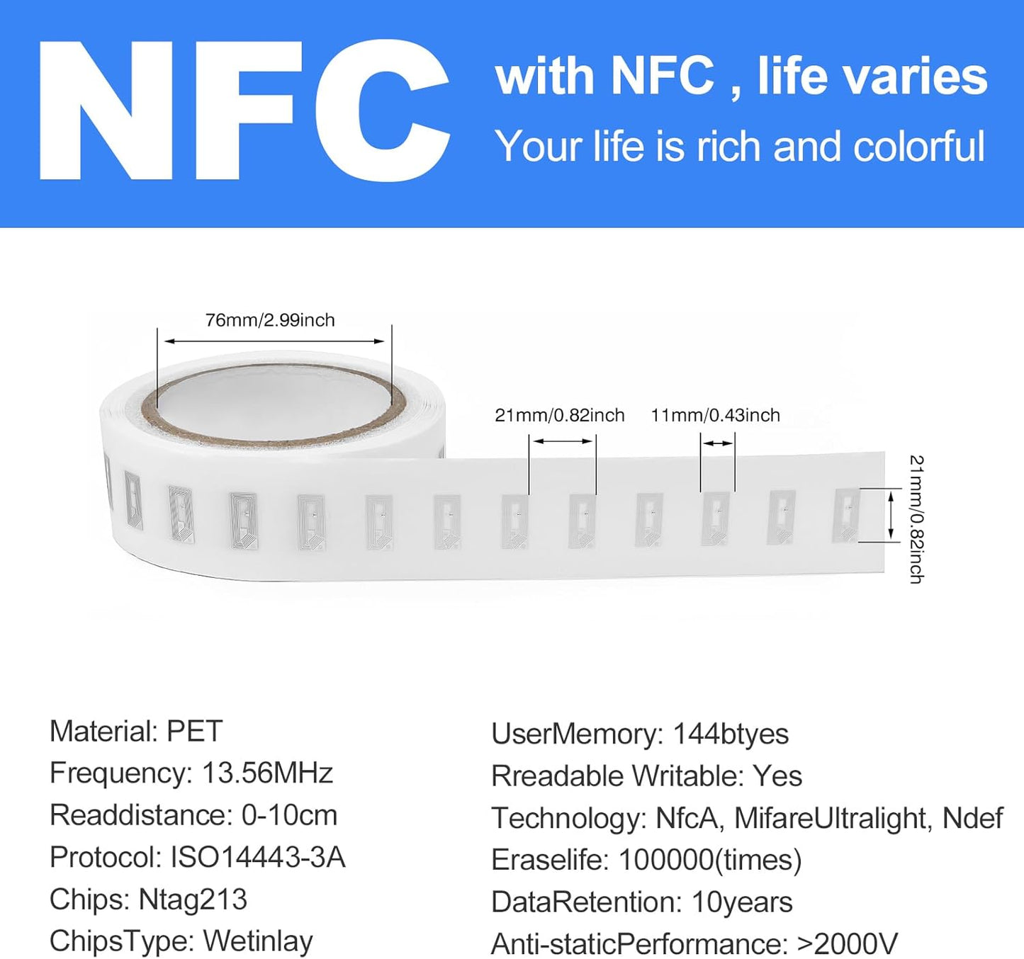 50 PCS NFC Tags Sticker with NTAG213 Chip Blank NFC Stickers Adhesive Labels RFID Tags Rewritable 137 Bytes Memory Compatible with All NFC-Enabled Smartphones and Devices