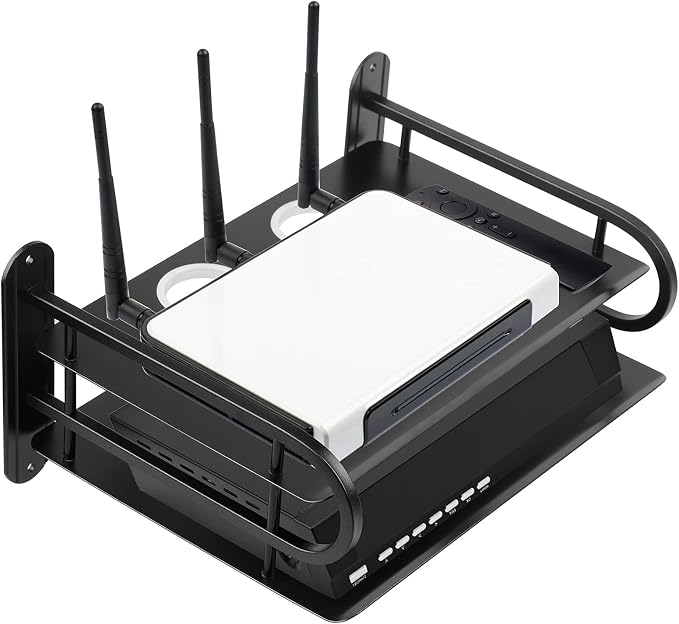 Black Metal Double Wireless WiFi Router Storage Box Wall Hanging Shelf - Image 3