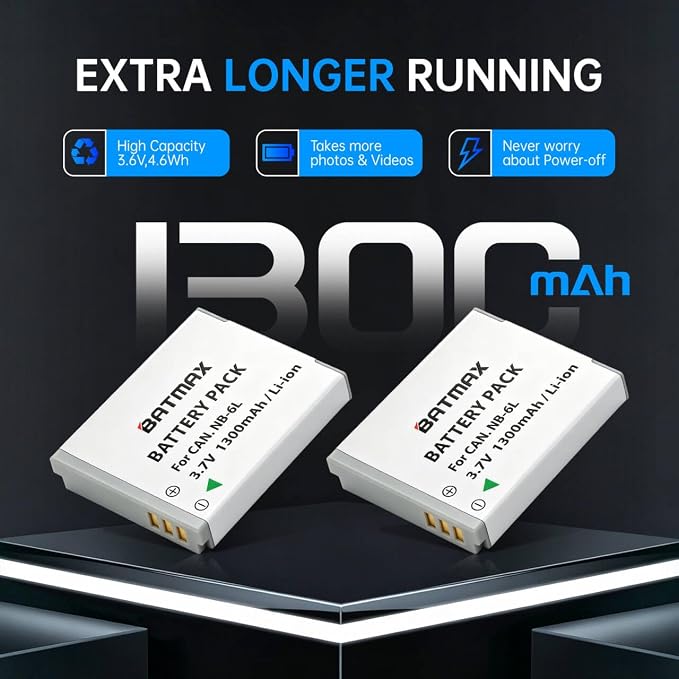 Batmax 2Pcs 1300mAh NB-6L NB-6LH Battery + LCD USB Charger - Image 3