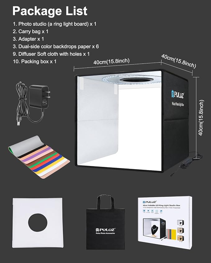 Photo Studio Box, PULUZ 40cm Folding Lightbox 160 LED Ring Light Portable Photo - Image 8