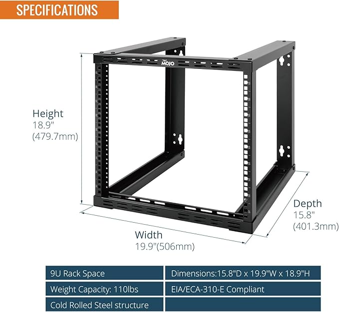 Tecmojo 9U Fixed Wall Mount Network Rack 15.8inch Depth Open Frame - Image 2