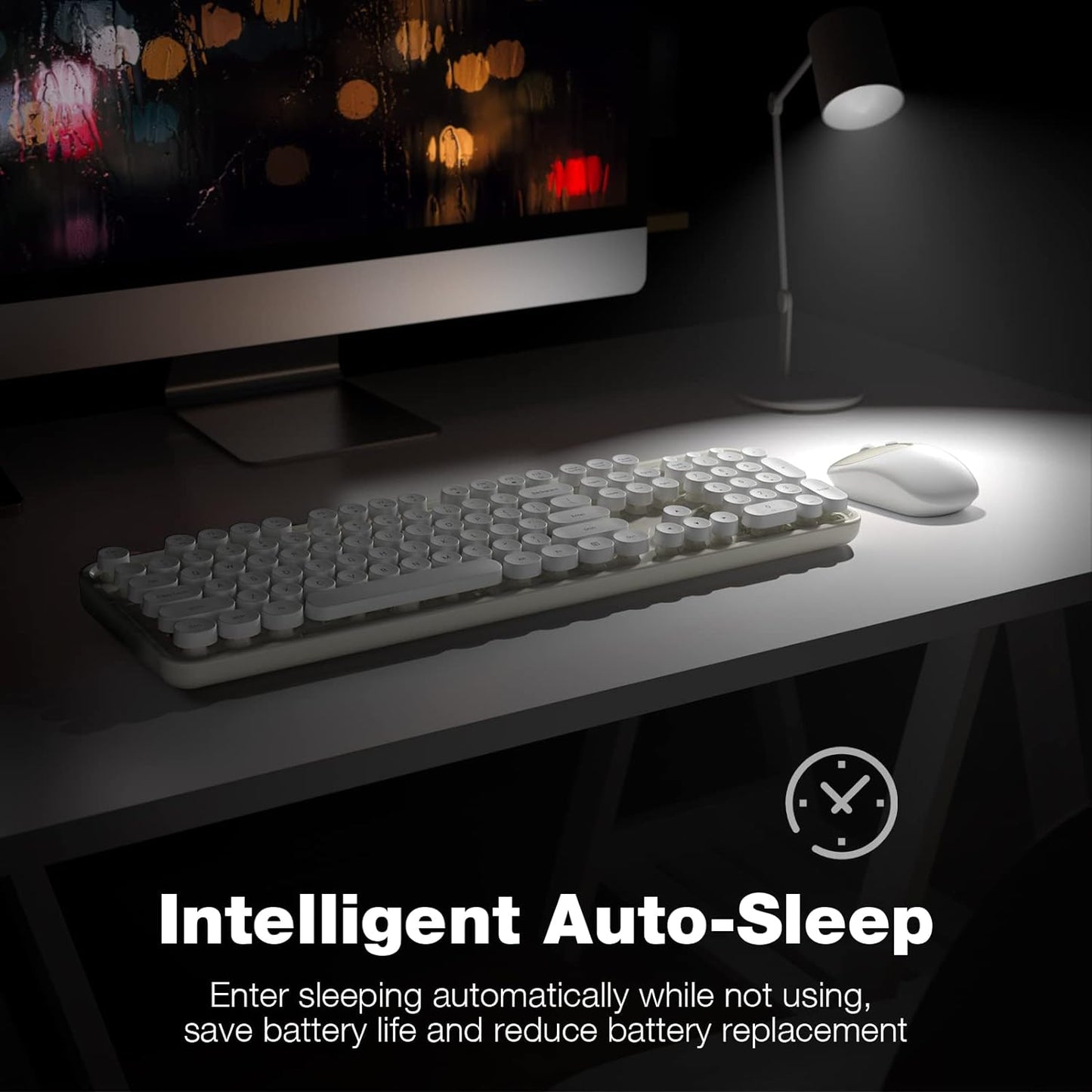 Wireless Keyboard and Mouse, Typewriter Full Size Keyboard with Number Pad and 2 in 1 USB Connected Mouse for Windows 7/8/10, Laptop, Desktop, PC, Computer (Off-White)