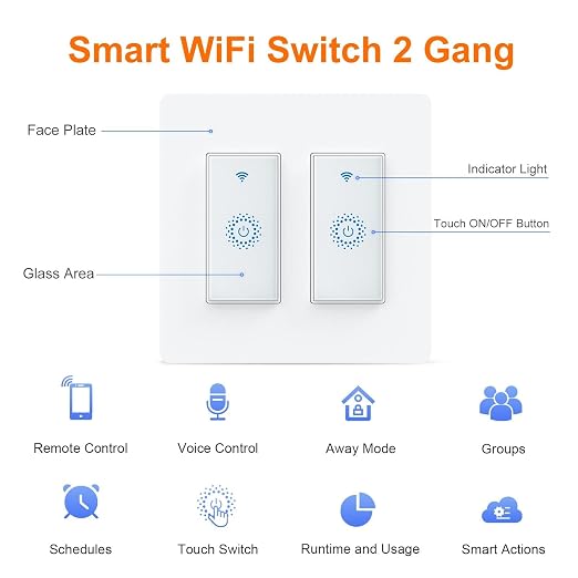 Milfra Smart Switch, Smart Light Touch Switch 2 Gang, Double Smart WiFi Light - Image 2