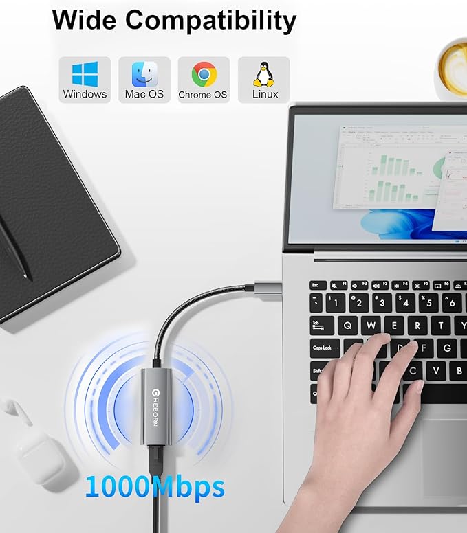 Reborn USB C to Ethernet Adapter, Type-C to RJ45 Gigabit Ethernet LAN Network - Image 7