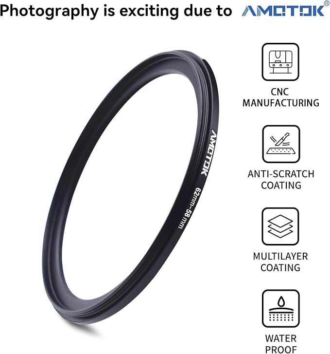 62mm Lens to 58mm Camera Lens Adapter, 62mm to 58mm Filter Step up Ring Adapter - Image 2