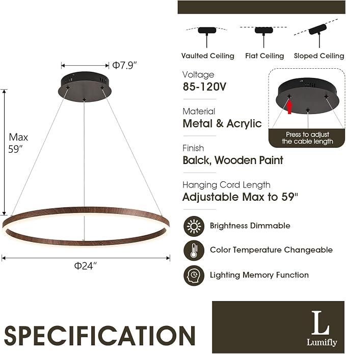 24" Ring Chandelier Modern LED Round Chandelier Wood Grain Finish Dimmable - Image 6