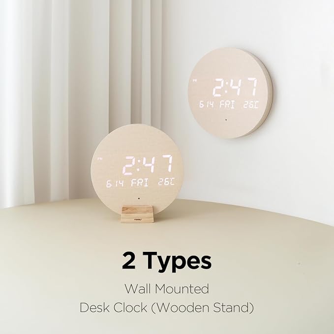mooas Wood Moon Cordless Mini Digital LED Wall Clock, Temperature, Auto - Image 5