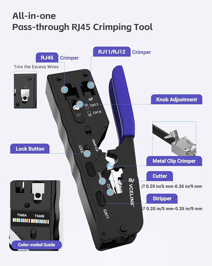 VCELINK RJ45 Crimp Tool, All-In-One Ethernet Pass Through Crimper - Image 3