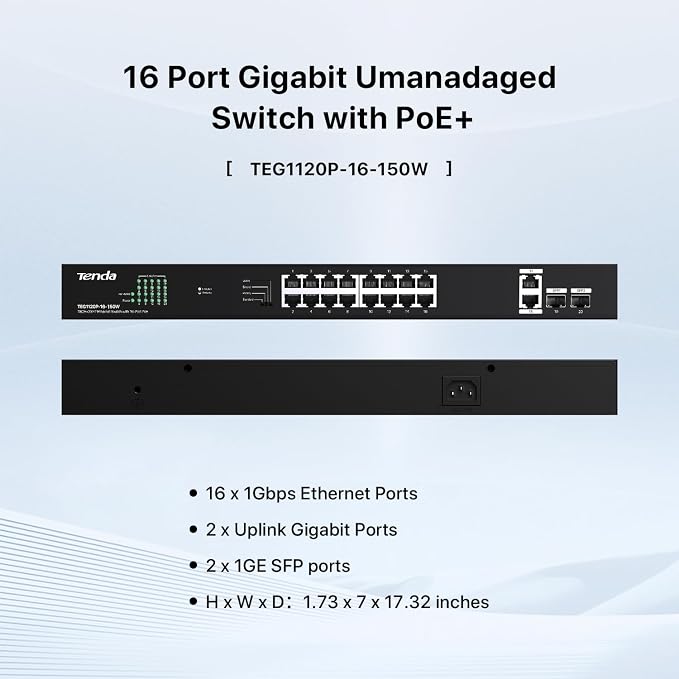 Tenda 20 Port Gigabit PoE Switch | Rackmount PoE Ethernet Switch | 16*PoE+ Port - Image 2