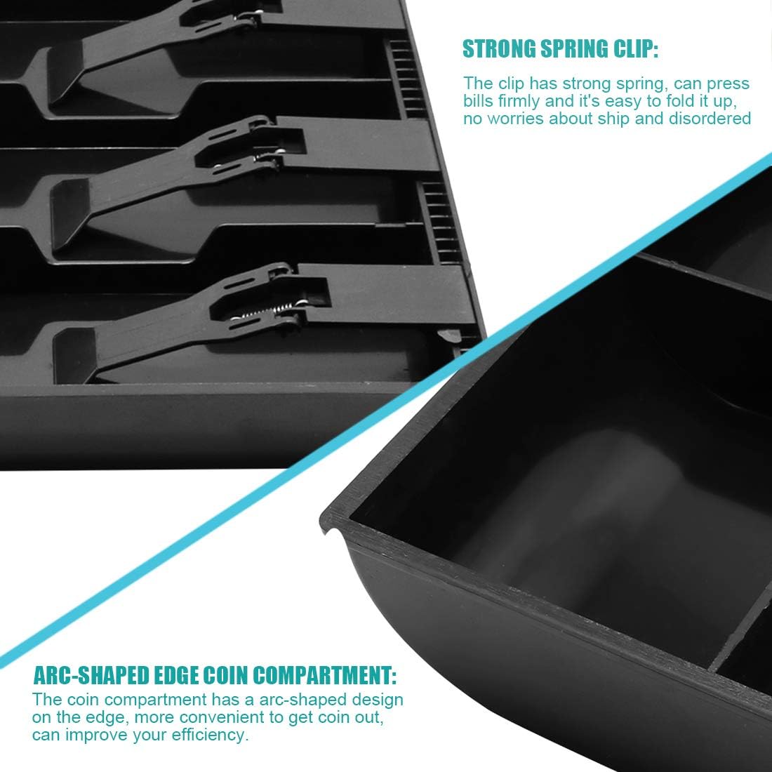 Cash Register Drawer Insert Tray with 4 Bill/3 Coin Compartments for Money Storage, Black