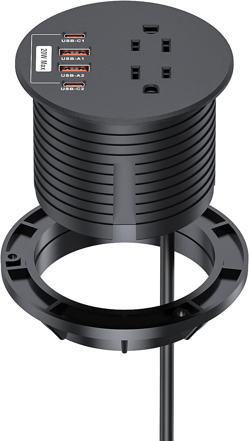 Desktop Power Grommet 3 inch with PD20W USB C Ports 2 AC Outlets,Recessed Power Grommet Outlet Fast Charging Station,Desk Hole Grommet Outlets,Round Deskt Grommet Outlet for Office,Home (Black)