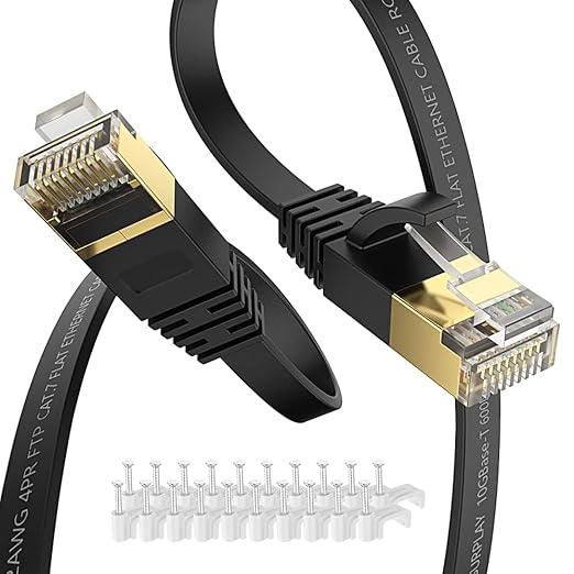 Cat7 Ethernet Cable 30FT-Flat-Black-10Gbps Ultra Slim High Speed Double Shielded by SURPLAY-WinningHighSpeed