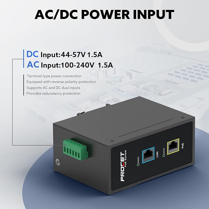 PROCET 10 Gbps Gigabit PoE++ Injector Din Rail, 60W Industrial Adapter - Image 2