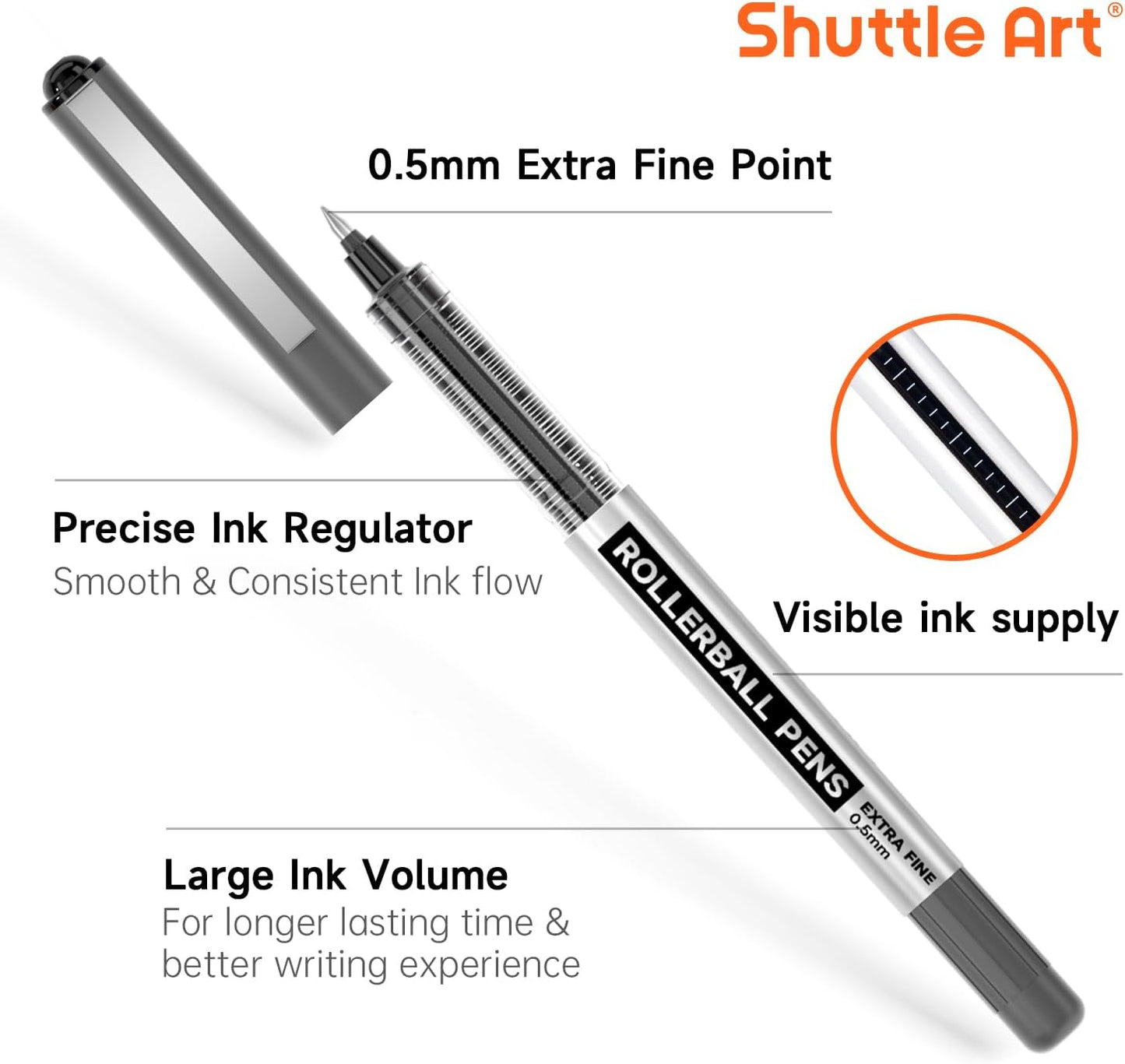 Shuttle Art Rollerball Pens, 10 Pack 0.5mm Extra Fine Point Black Liquid Ink Pens, Quick Drying & Long Lasting Pens Black Ink for Writing, Journaling, Notes Taking, School Office Supplies
