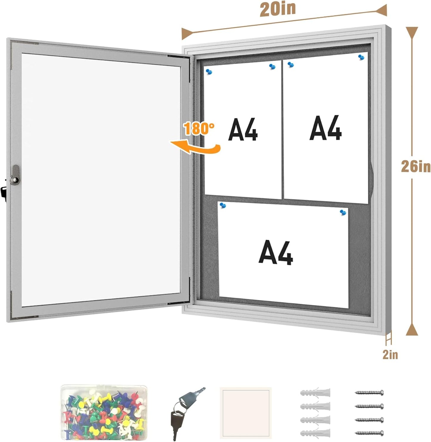 26"x20" Enclosed Bulletin Board, Outdoor Lockable Weather-Resistant Aluminum Cork Noticeboard for School & Office, Silver Frame w/Grey Flet