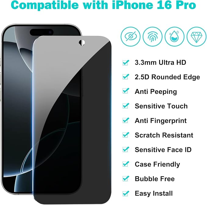 PEHAEL 3+3 Pack for iPhone 16 Pro Privacy Screen Protector - Image 2