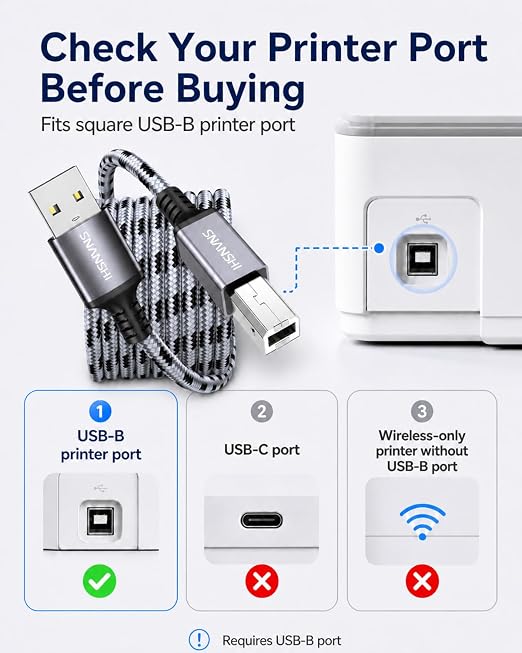 SNANSHI USB Printer Cable 6ft, Nylon Braided Printer Cable to USB Stable Wired - Image 3