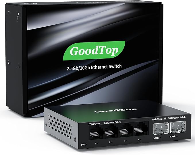 6 Port 2.5Gb Web Managed Switch, 4 x 2.5GbE Ports, 2 x 10G SFP+, Web Managed by GoodTop