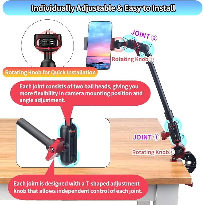 13"/34cm Magic Arm w Clamp, Camera Mount & Clamp w 1/4" 3/8" Threads and - Image 3