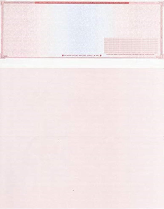 500 Blank Check Stock - Check on Top Mazed - Paper Weight # 70 High Security Check Paper Red/Blue Mazed