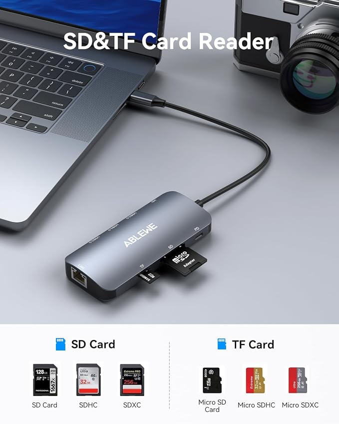 ABLEWE USB C Hub Ethernet, 8 in 1 4K@60Hz USBC Adapter, 100W PD, 3 USB 3.0 Ports - Image 3