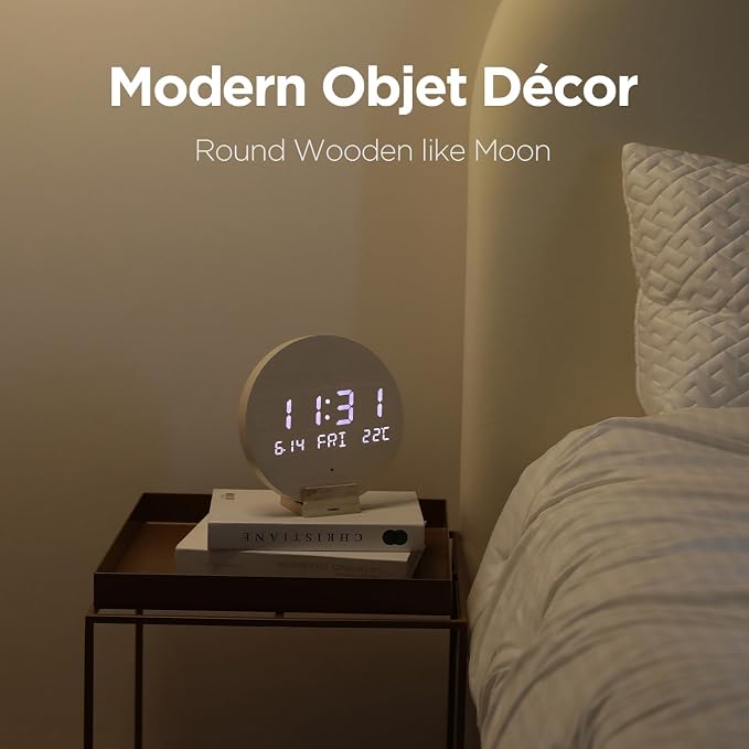 mooas Wood Moon Cordless Mini Digital LED Wall Clock, Temperature, Auto - Image 6