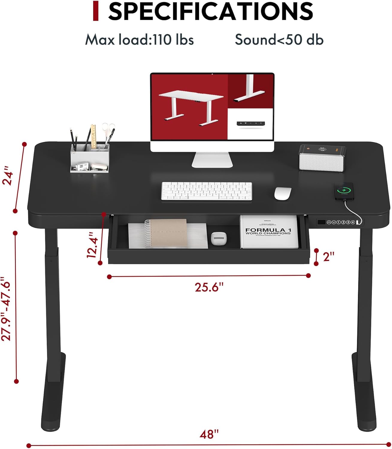 Standing Desk with Drawer, Electric Height Adjustable Home Office Desk with Storage & USB Ports, 48 inch Black Wood Tabletop/White Frame