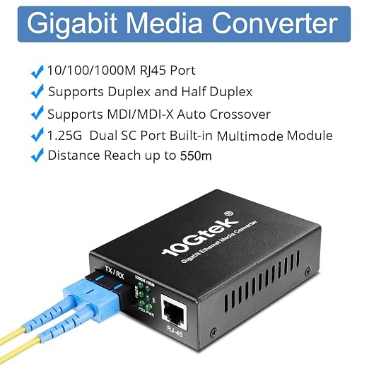Gigabit SC to RJ45 Fiber Media Converter, 10/100/1000Mbps RJ45 Port to 1000Mbps - Image 2